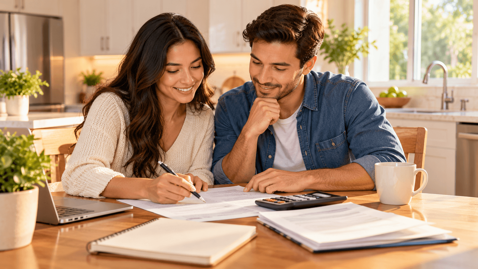 First-time buyers reviewing down payment paperwork at a kitchen table