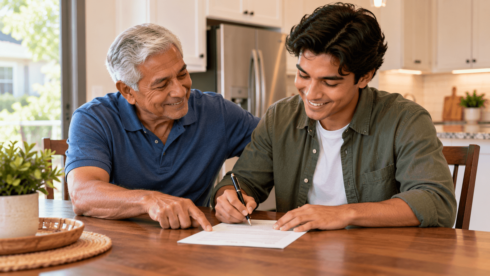 grandparent and young adult signing a mortgage gift letter at kitchen table