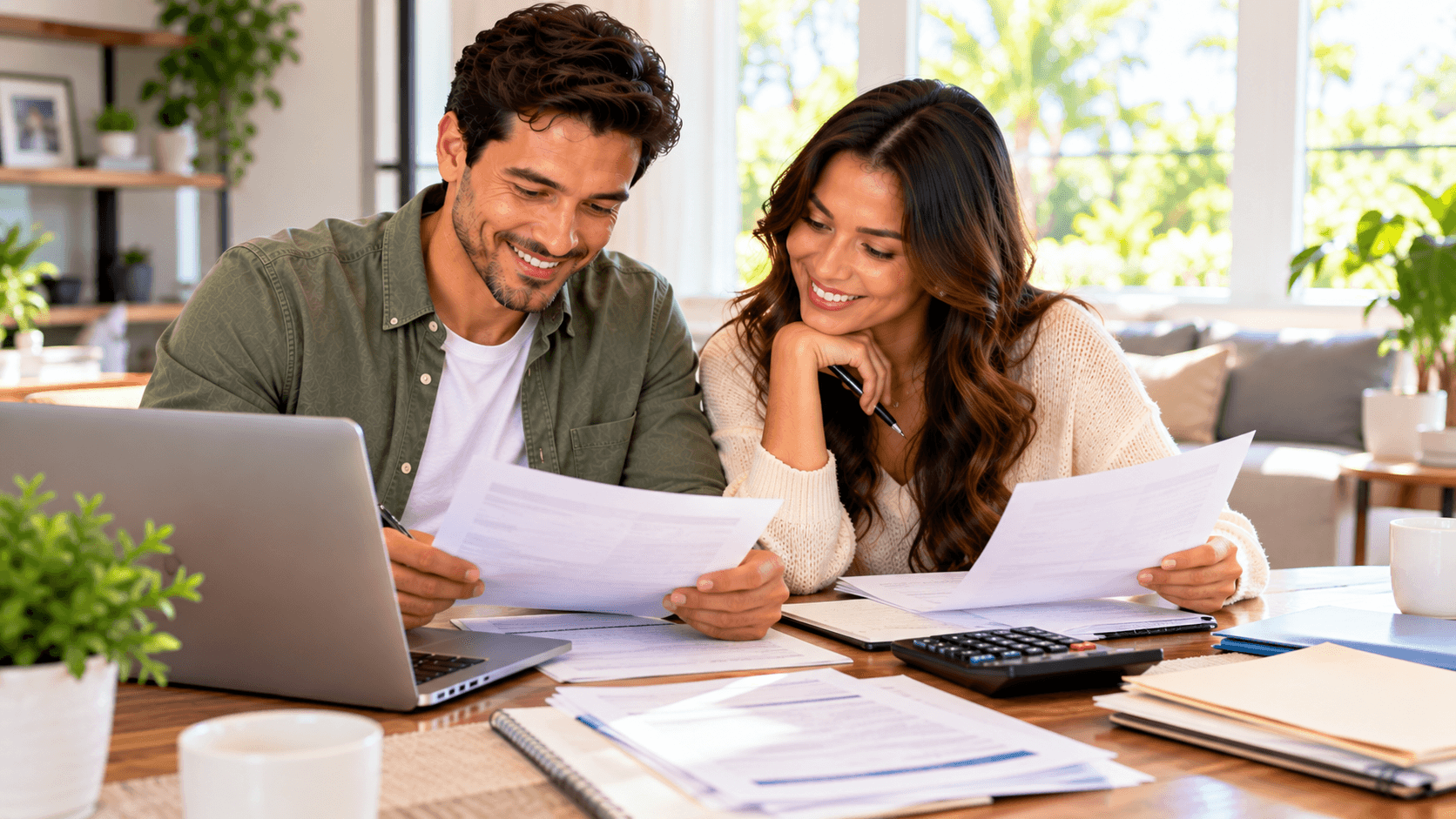 couple sorting tax papers at home desk