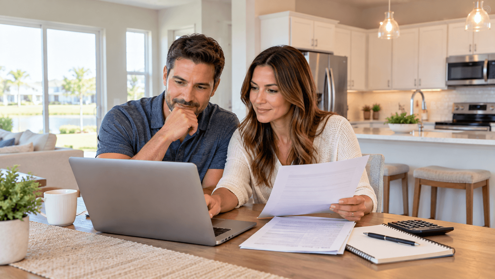 couple reviewing mortgage buydown options at kitchen table in new home