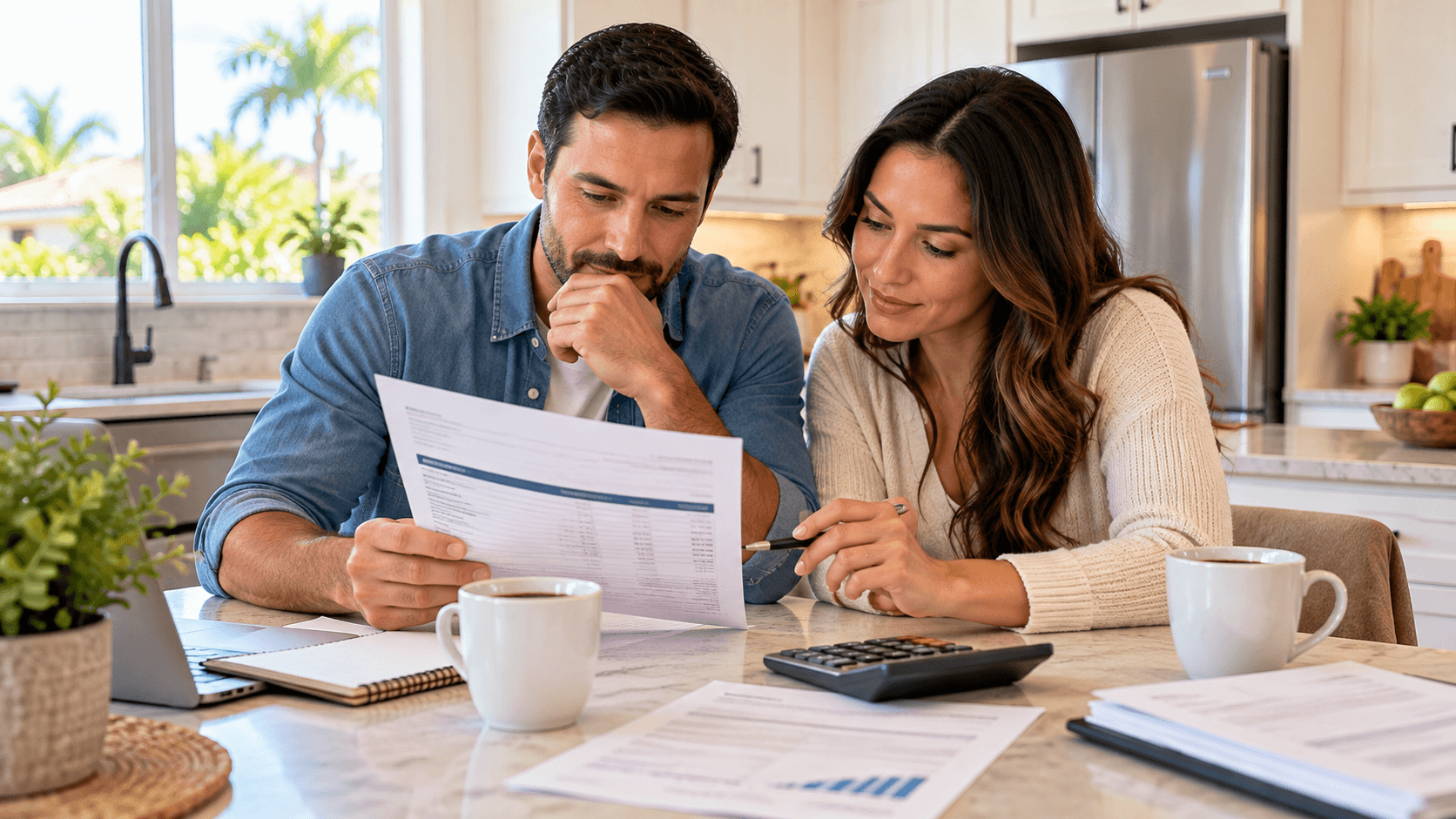 couple reviewing mortgage statement with calculator at kitchen table