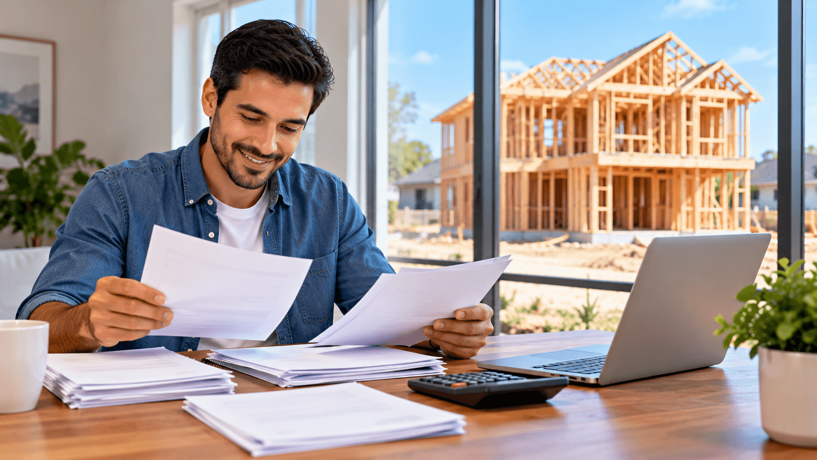 buyer sorting mortgage papers with a new home under construction outside