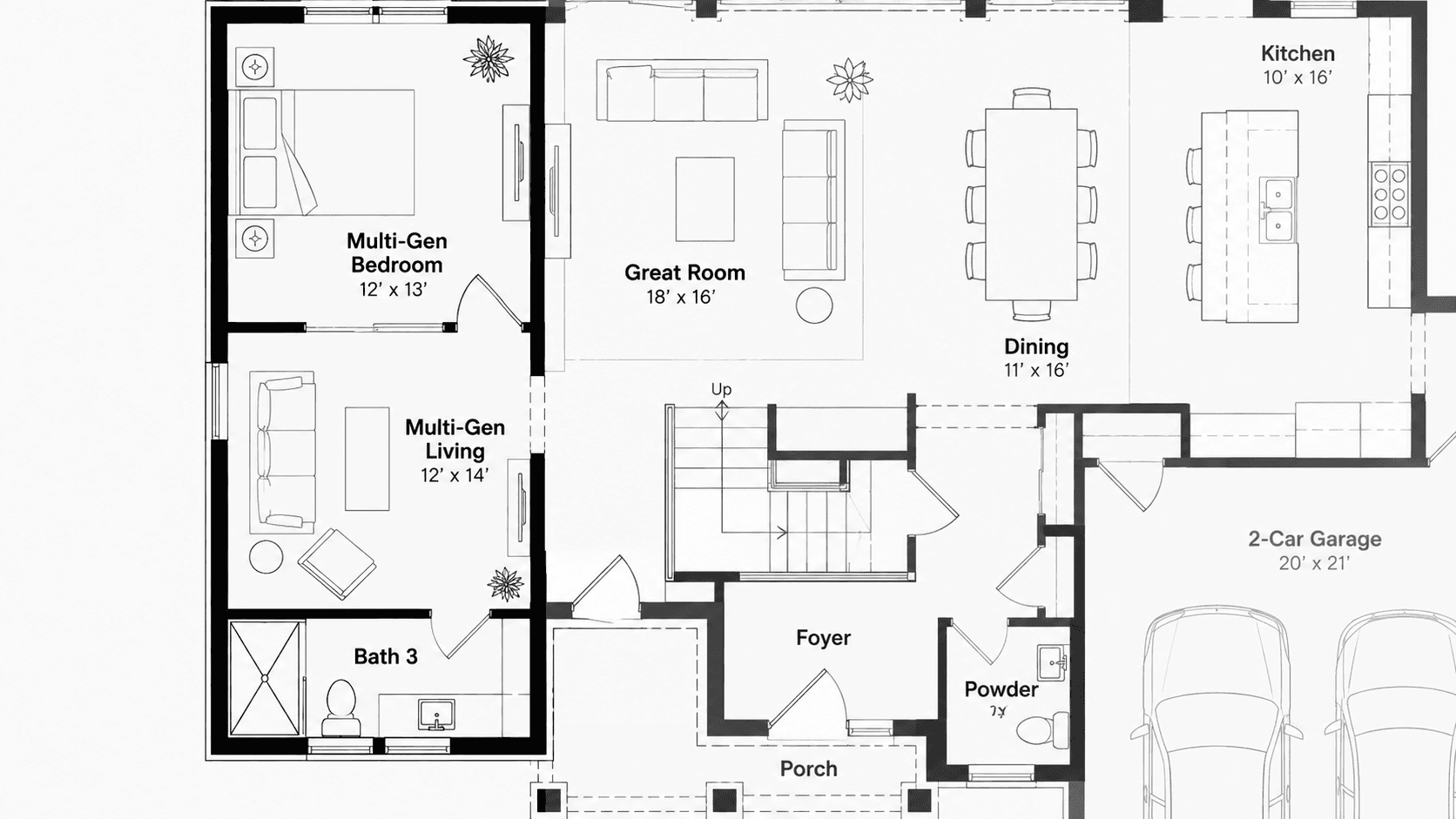 Crosscourt first floor plan with the multi-gen suite at Baywood II