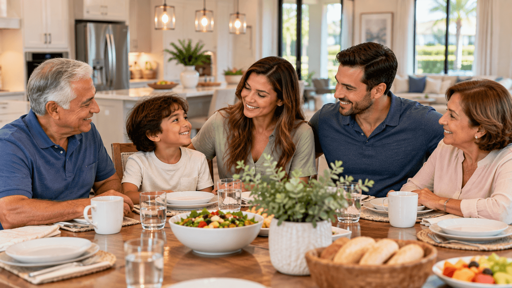 Three generations of a family sitting together at a dining table