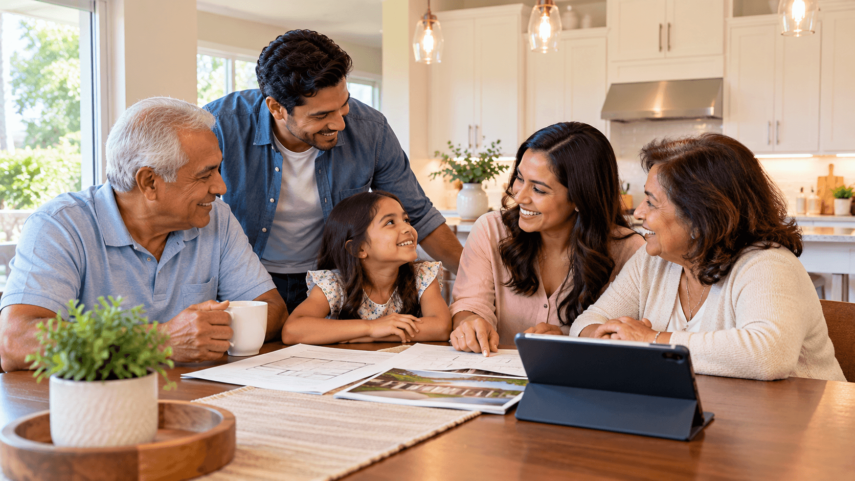 Three generations of a family at a kitchen table
