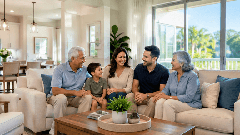 Three generations of a family relaxing in a new home living room