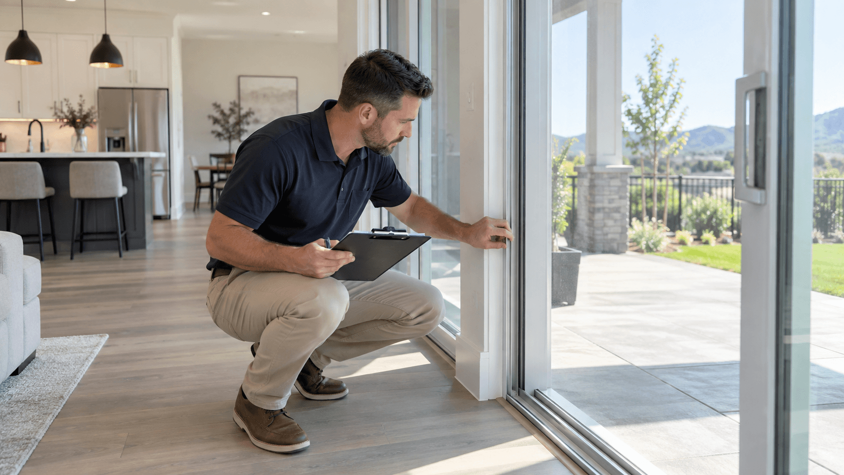 Home inspector checking a sliding glass door in a new home