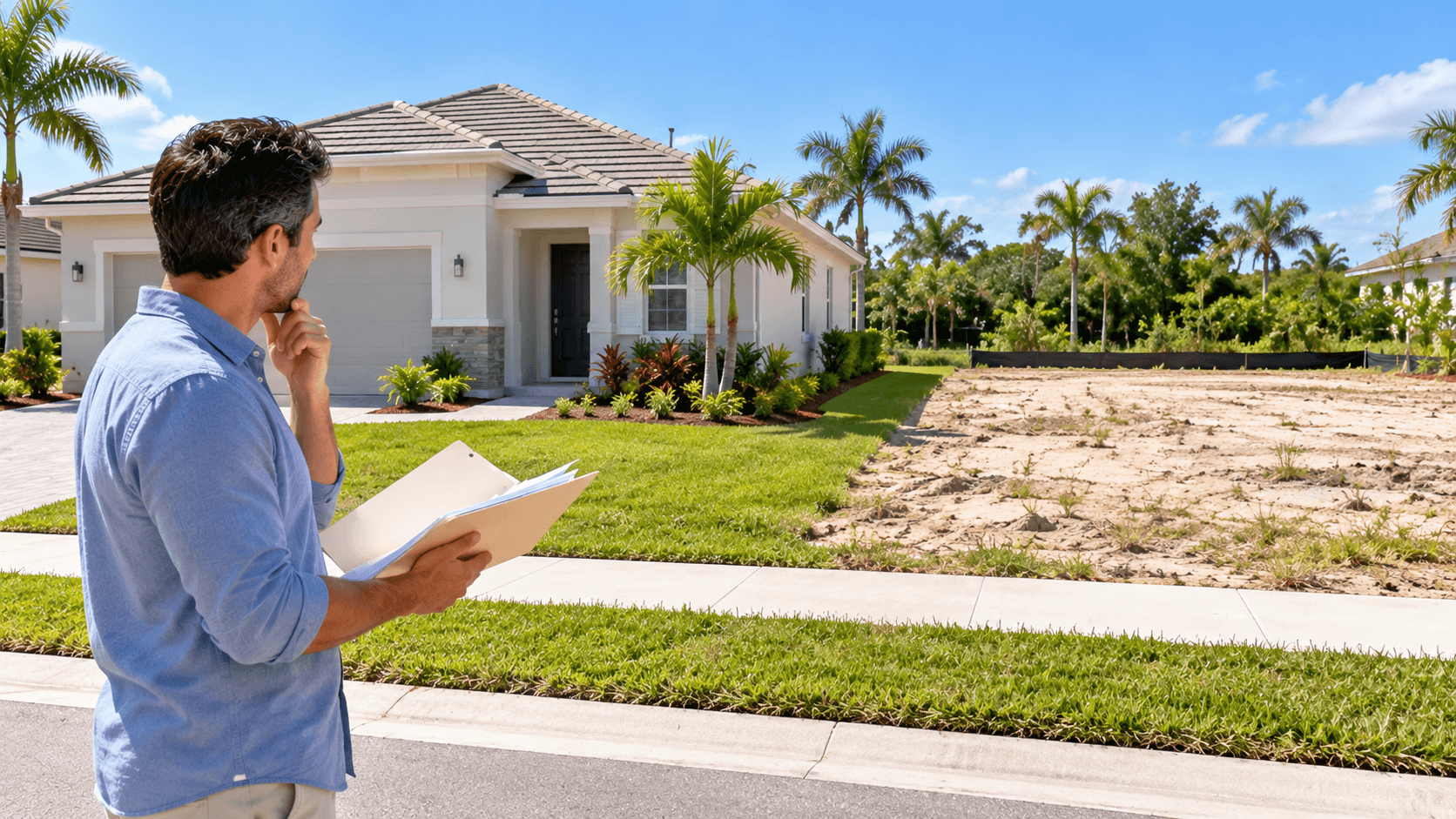 Buyer comparing a new home with an undeveloped lot