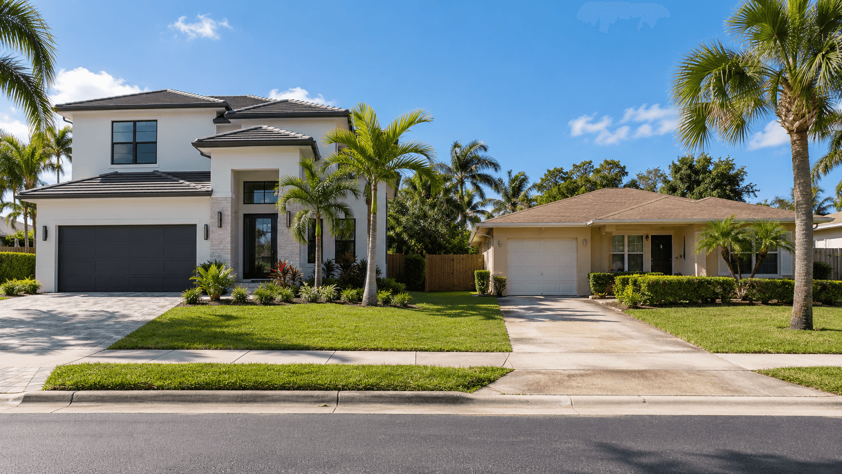 A new home and an older home side by side on a Florida street