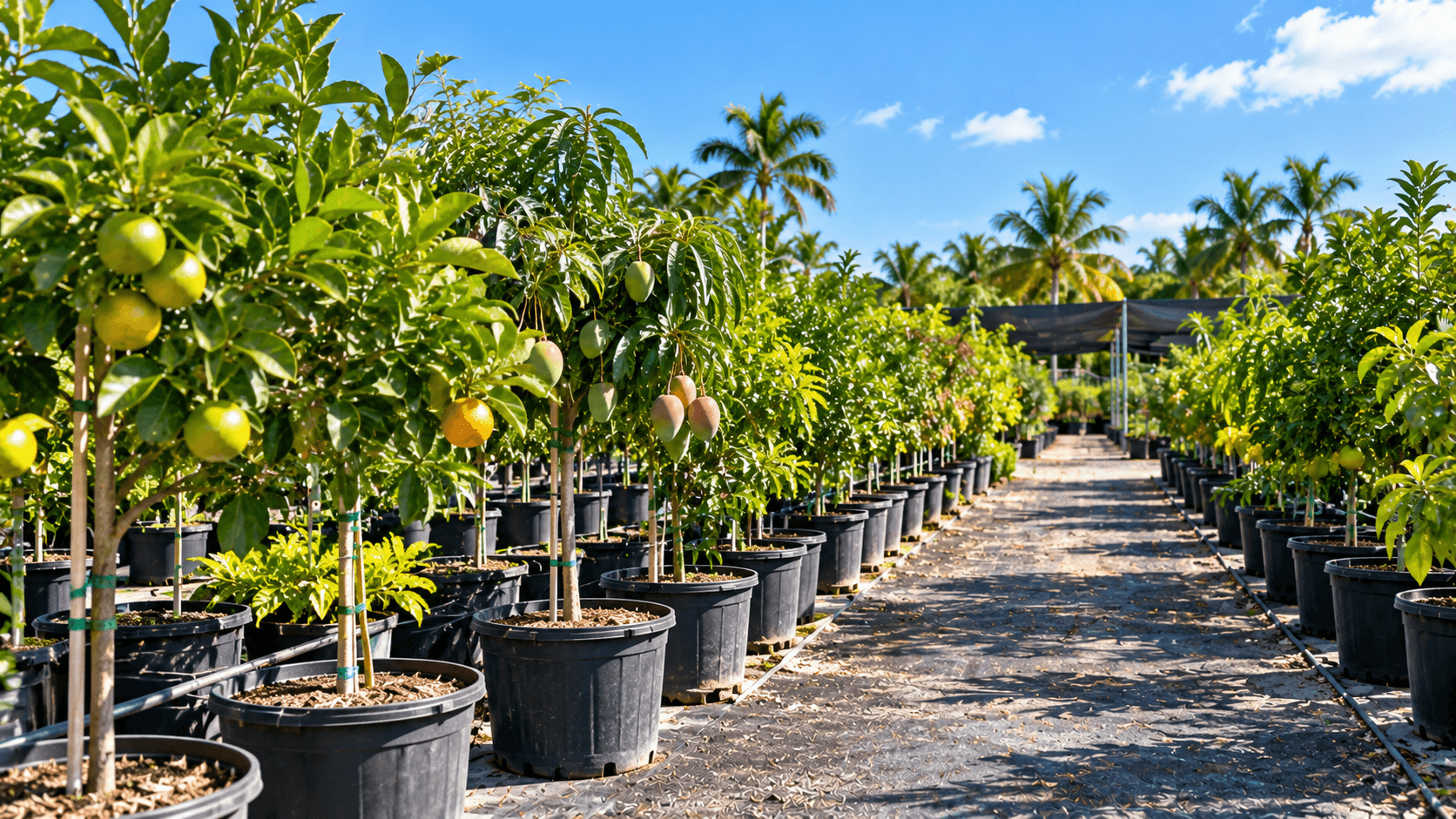 Rows of fruit trees in pots at a nursery in Homestead, Florida
