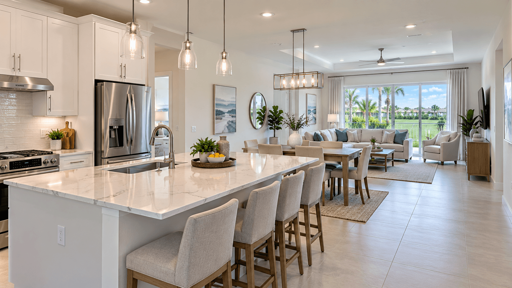 Open living and dining area in a one-story Park Trace model home