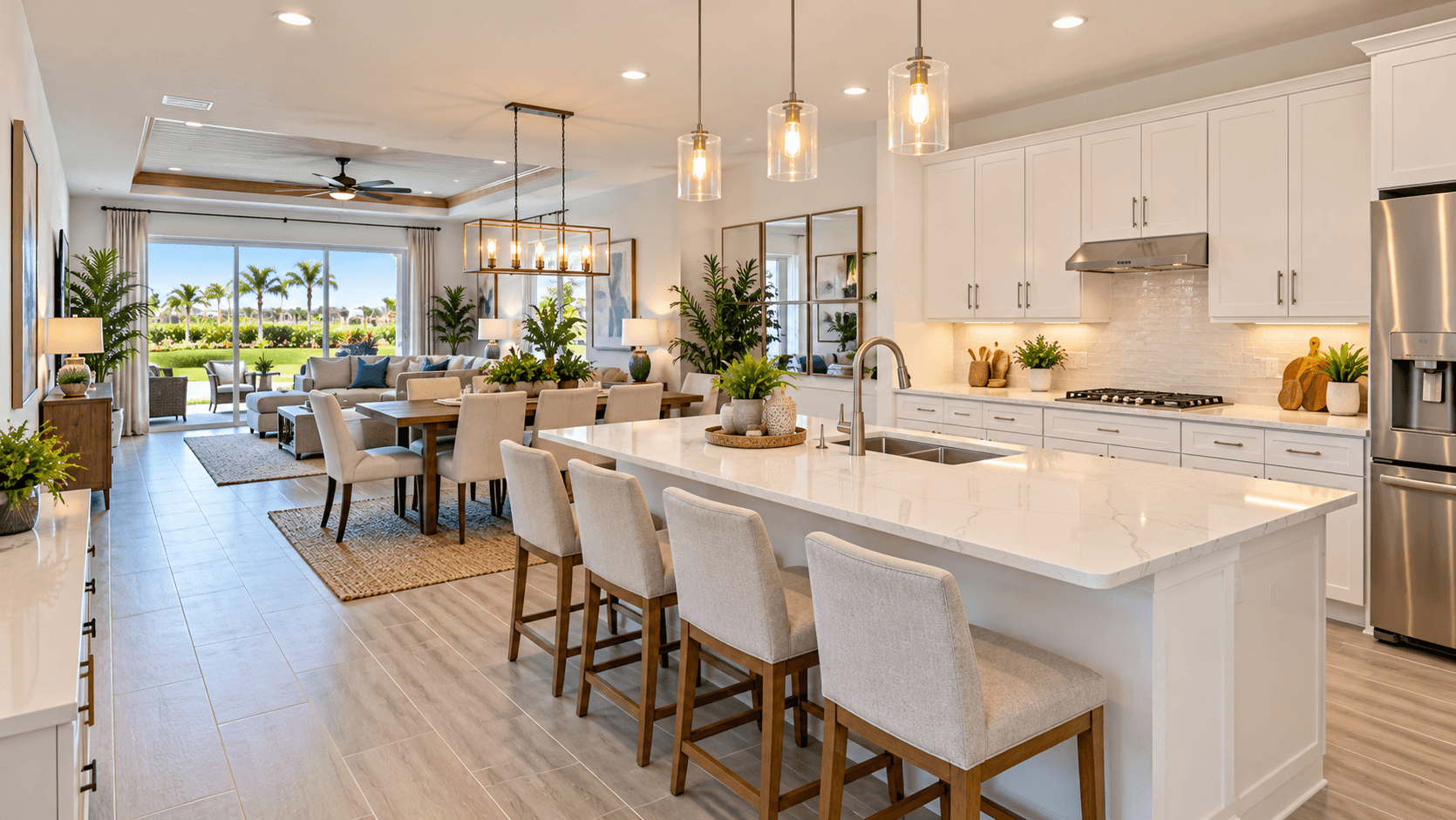 Open floor plan kitchen and family room in a Brystol at Wylder model