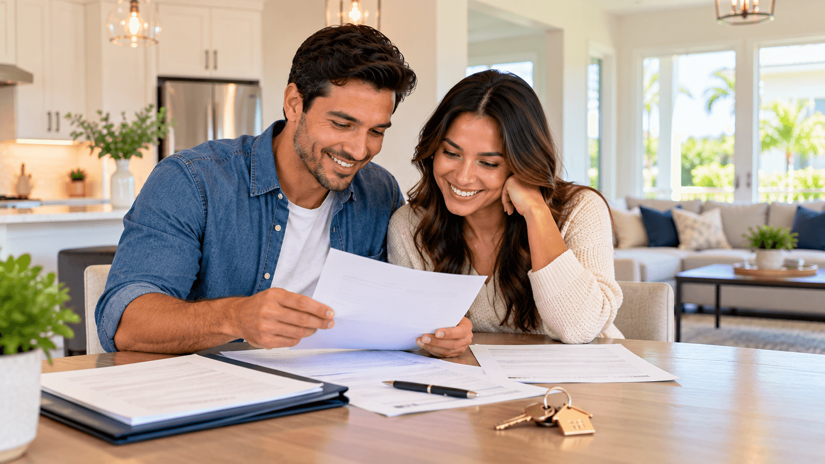 young couple reading closing papers at kitchen table in new home