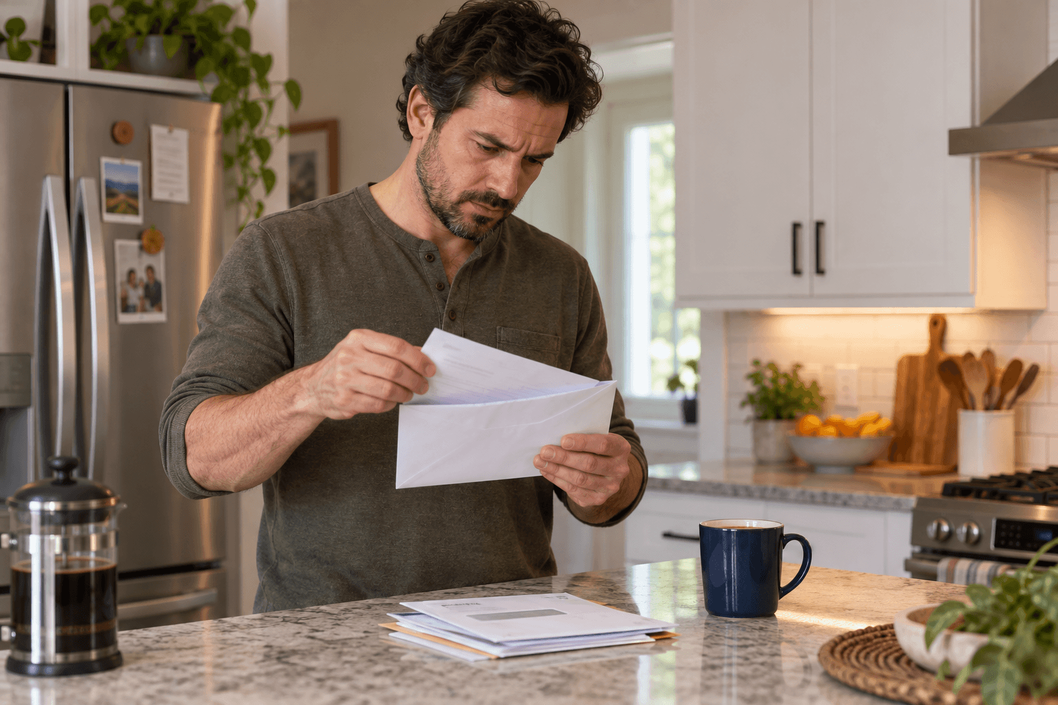 homeowner opening a property tax bill envelope at a kitchen counter
