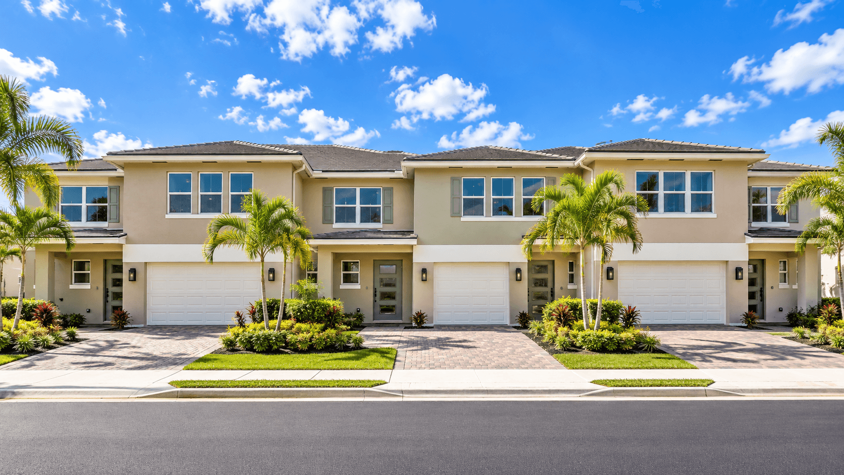 Row of Parker Pointe townhomes in Homestead, Florida, seen from the street