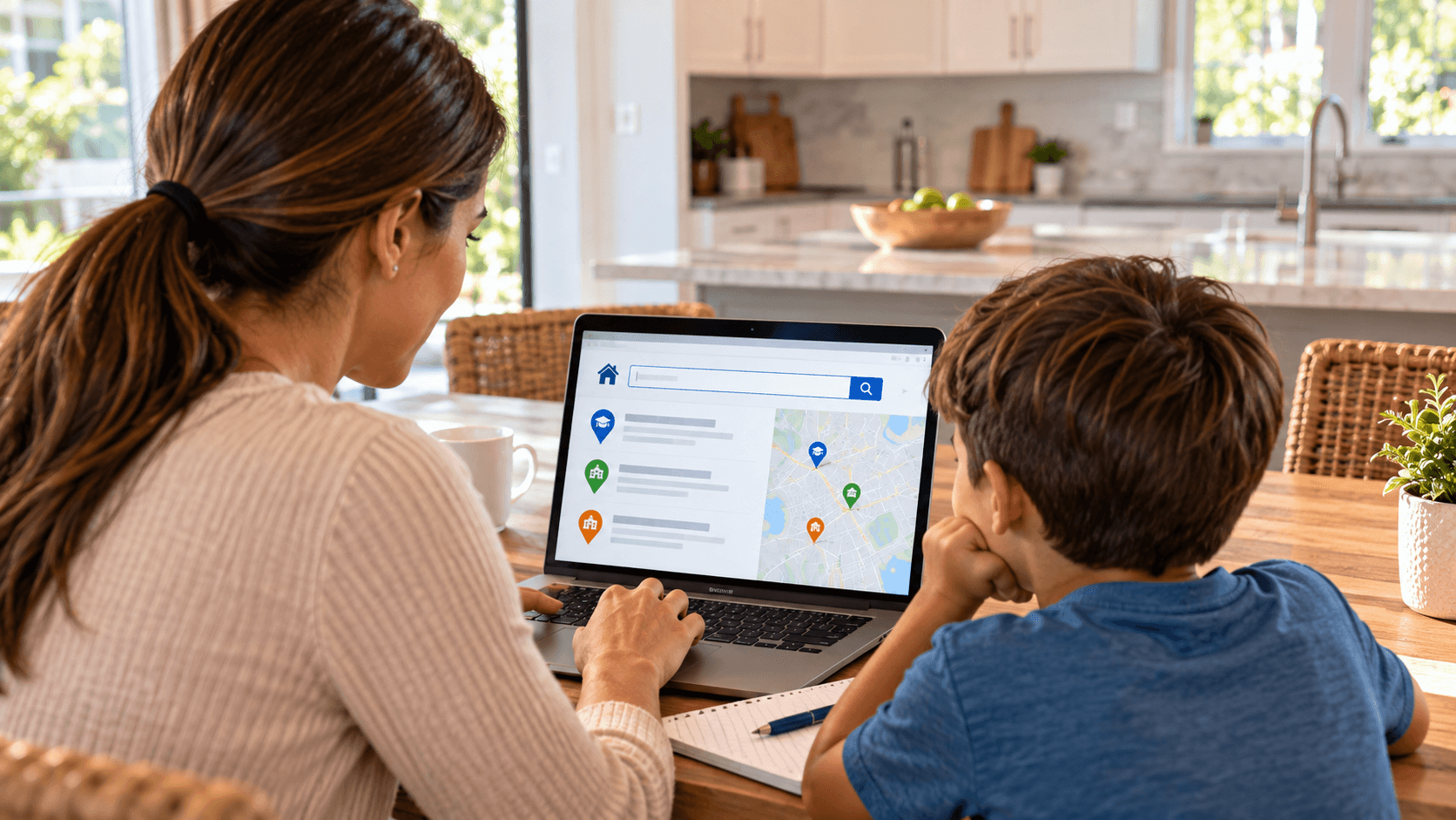 Parent typing a home address into a school finder on a laptop