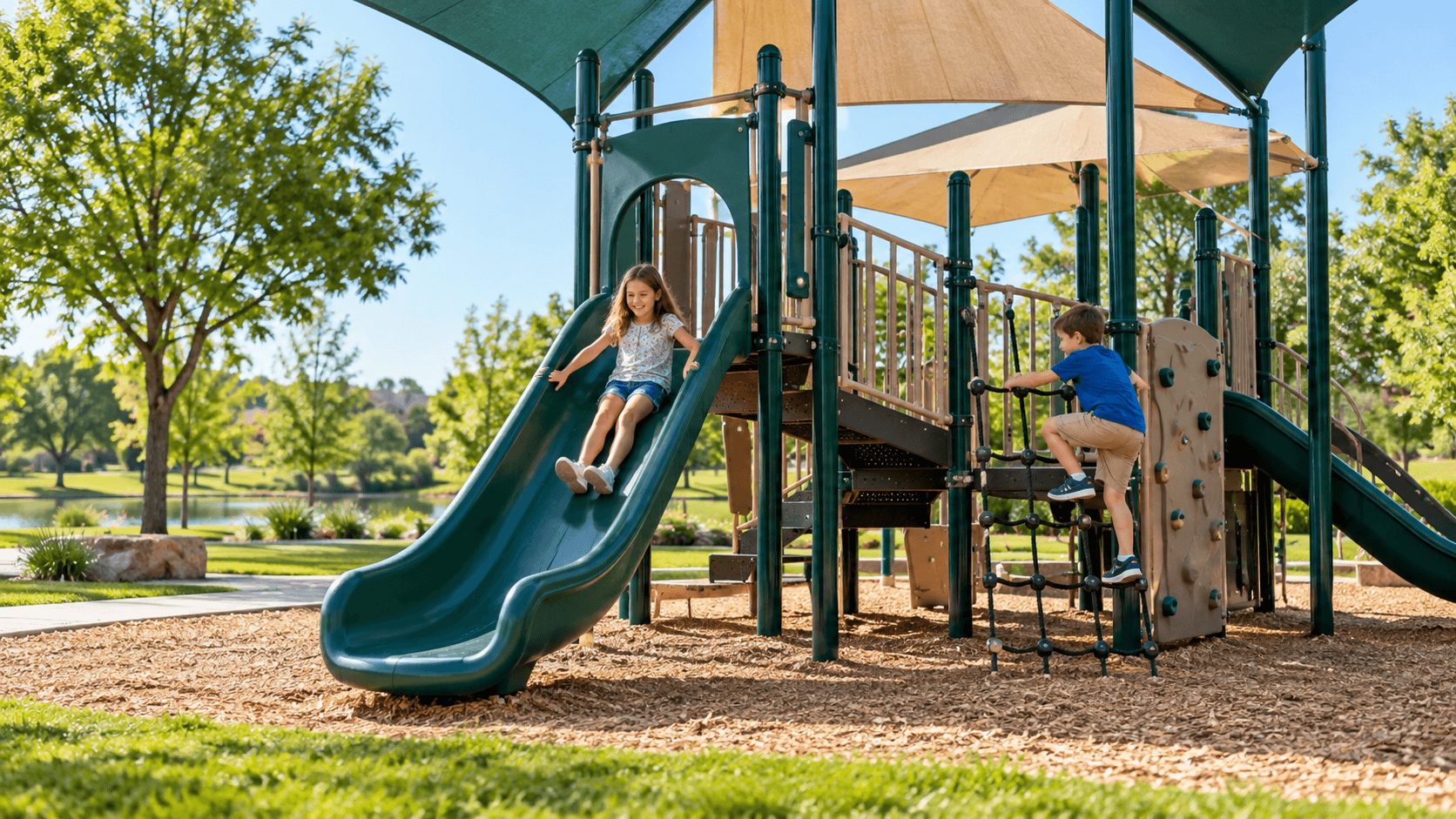 Shaded playground with two children playing on green grass in a city park