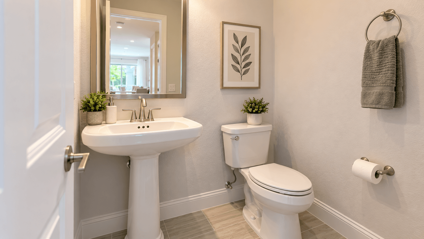 Pedestal sink in a first-floor powder room at Coral Landings
