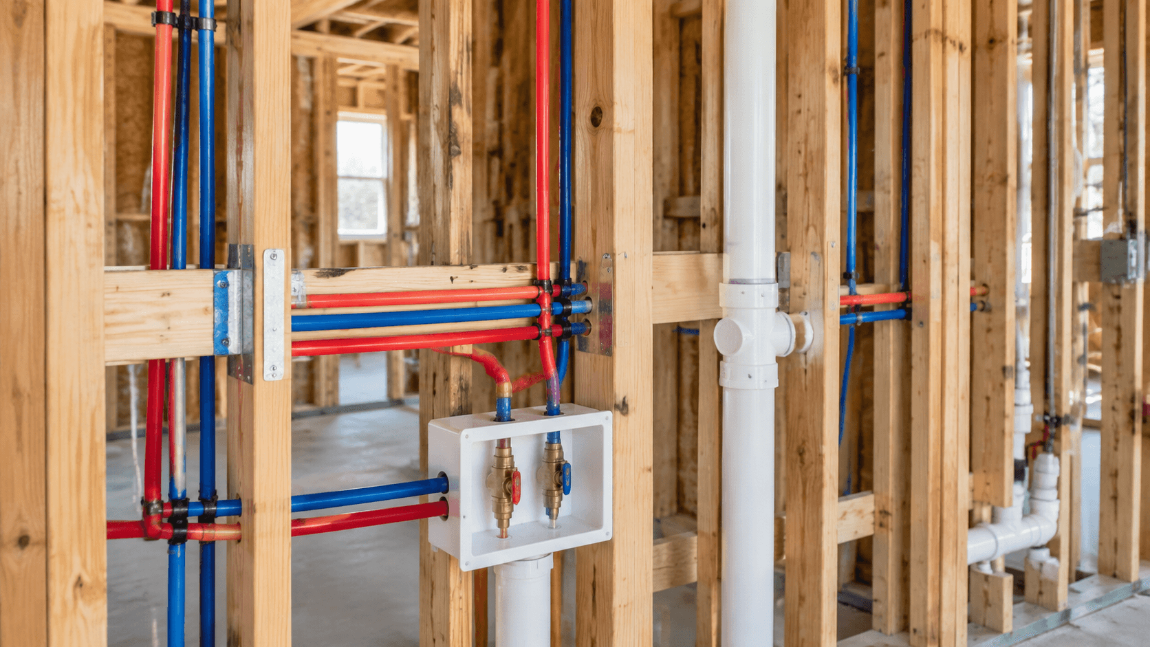 Red and blue PEX water lines inside an open wall