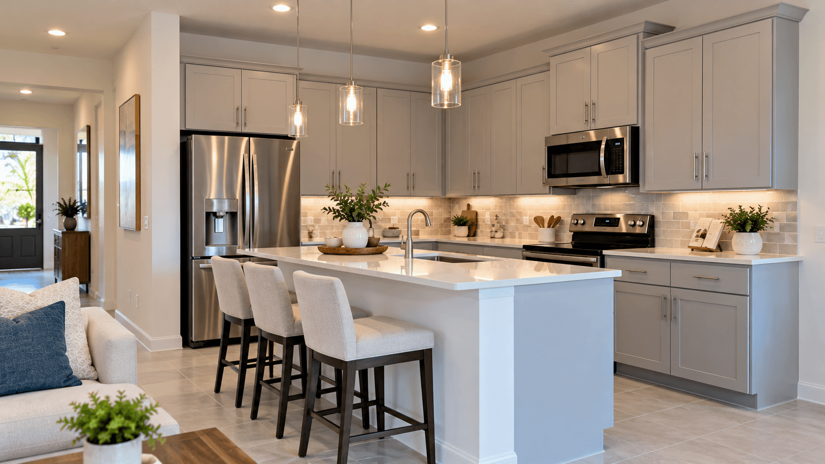 Kitchen with porcelain countertops and stainless steel appliances in a Breezewood townhome