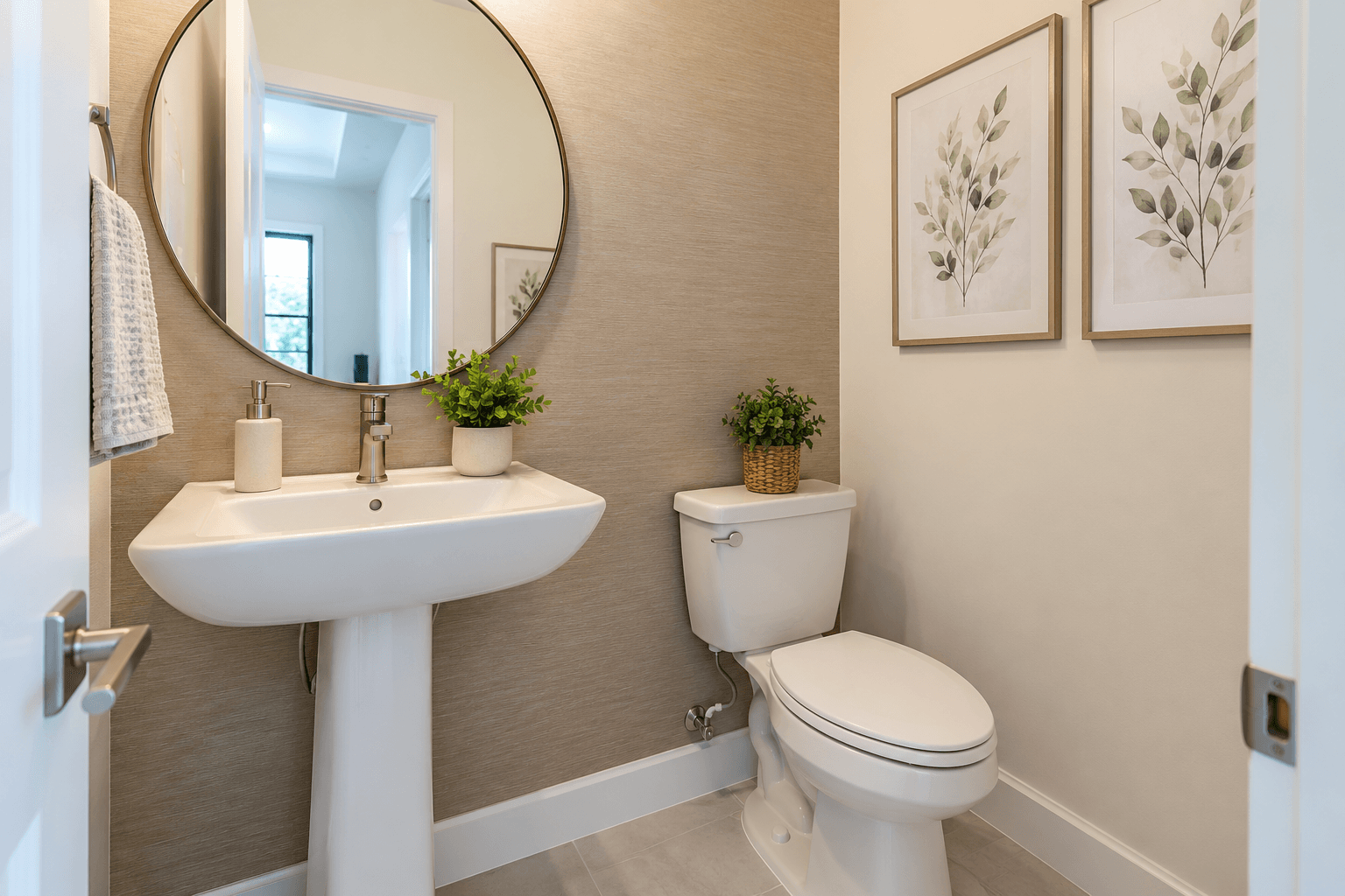 Powder room with a pedestal sink in the Marin model