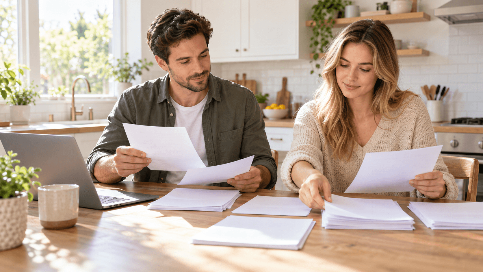 couple organizing pay stubs and bank statements for a mortgage pre-approval