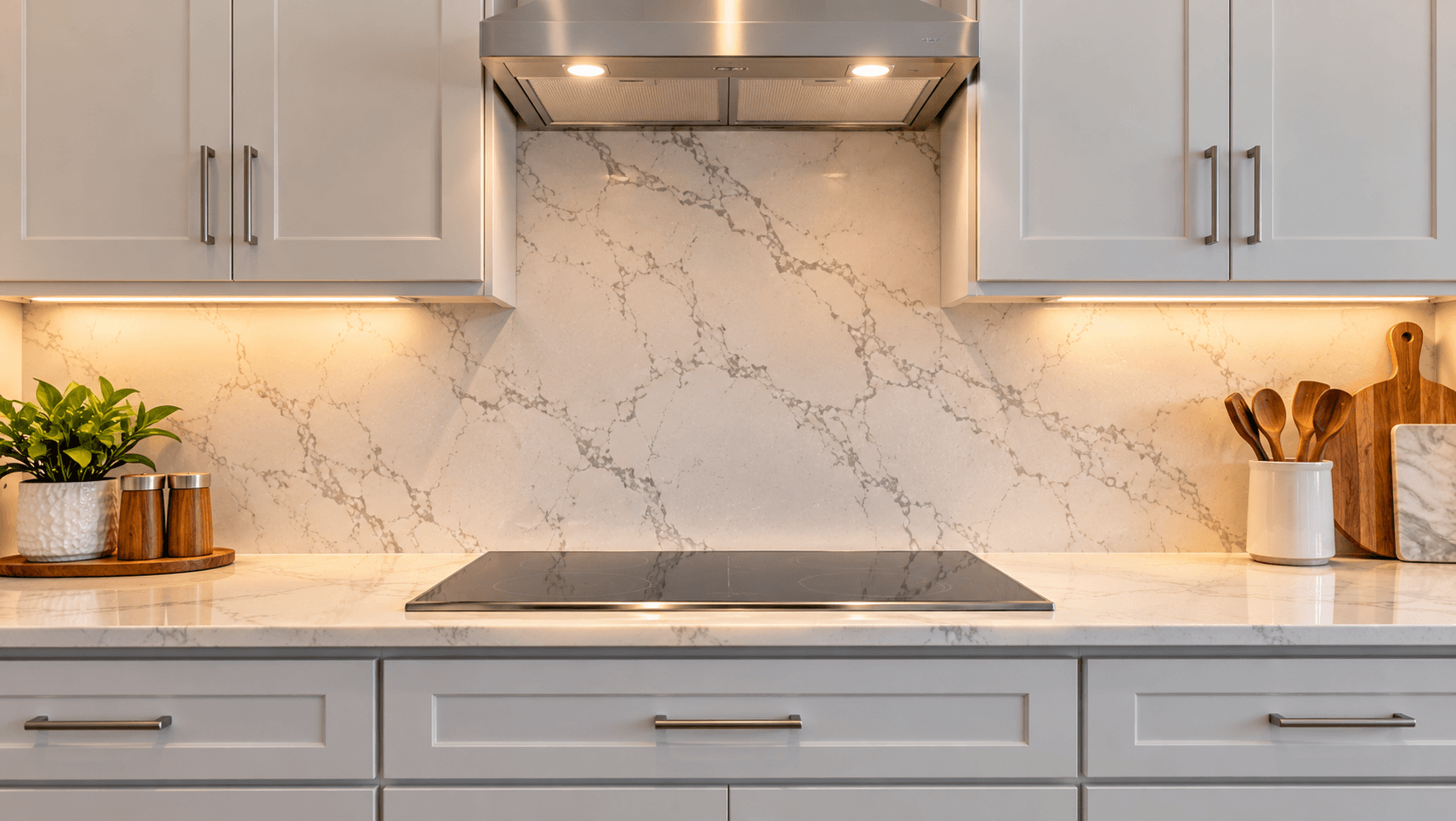 Full quartz backsplash under upper cabinets in a Pepperwood kitchen