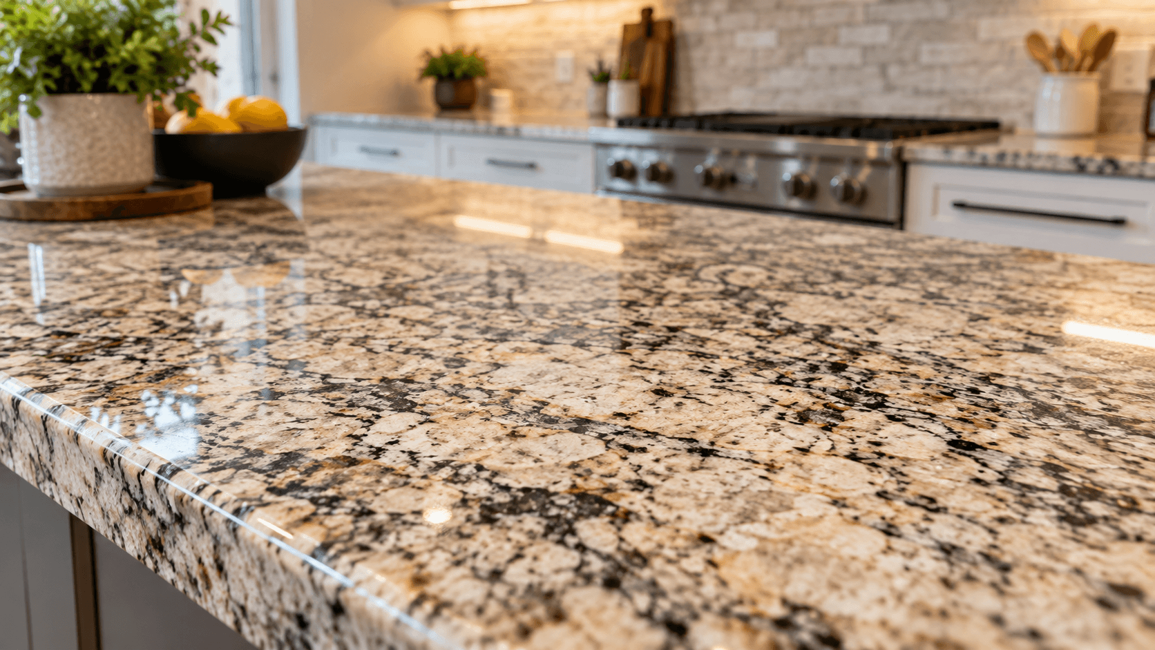 Granite kitchen countertop with visible natural stone veining
