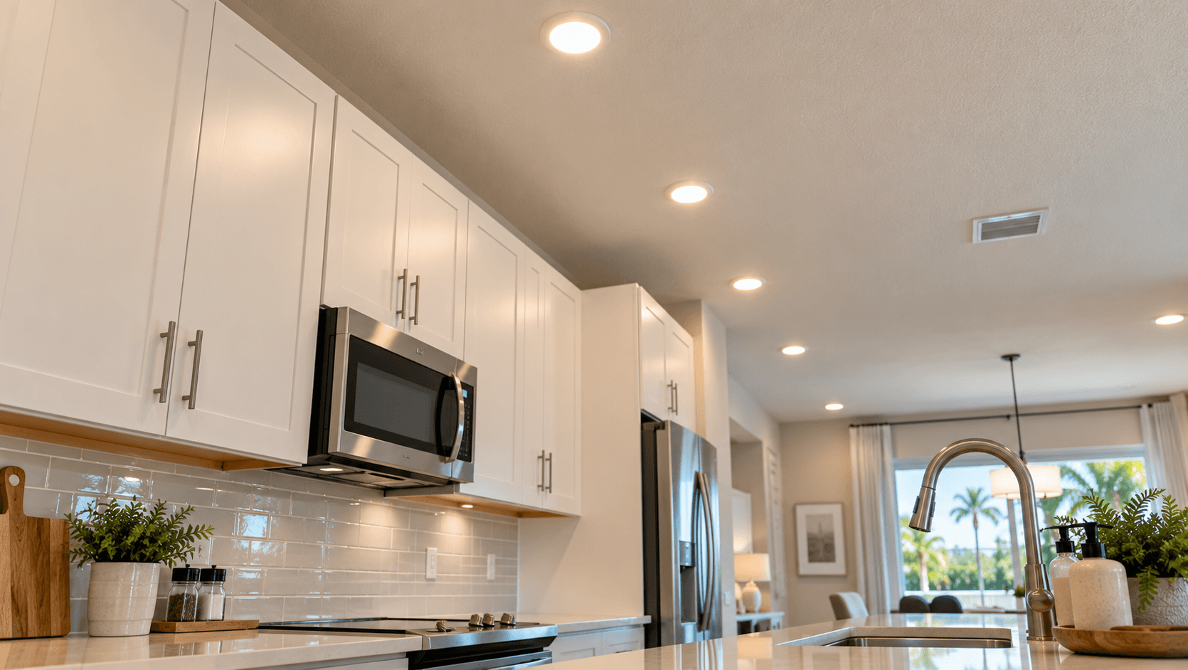 Recessed LED downlights over the kitchen counter in an Emerald Palms model