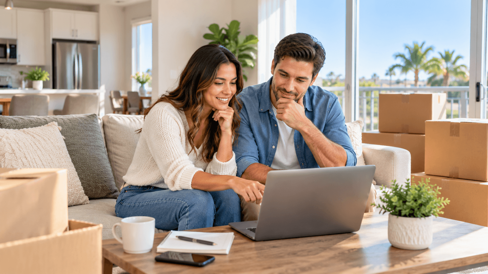 couple on couch comparing renting and buying on laptop