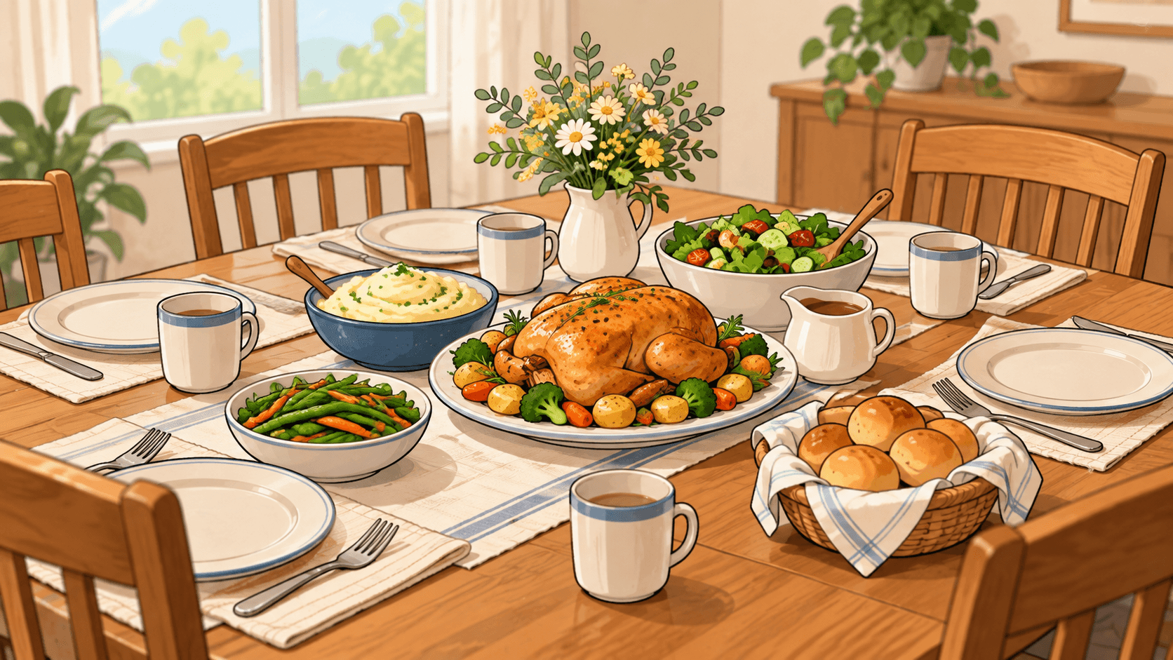 Illustration of a family meal table with plates and cups