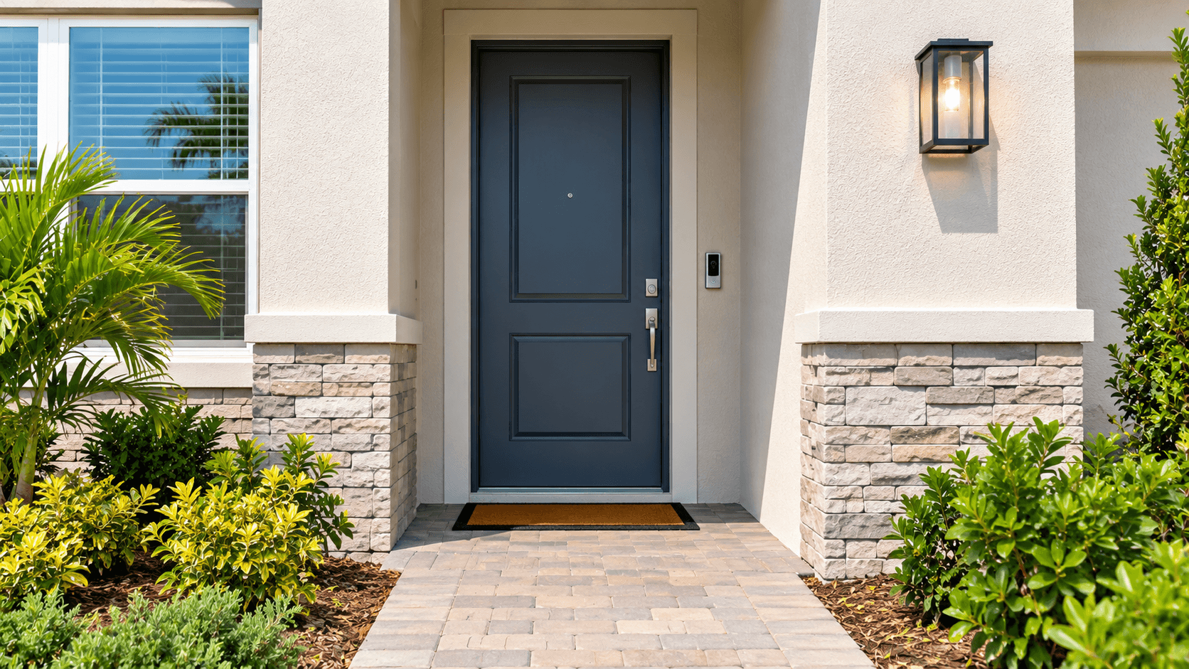 Front door with a video doorbell at a Del Mar townhome