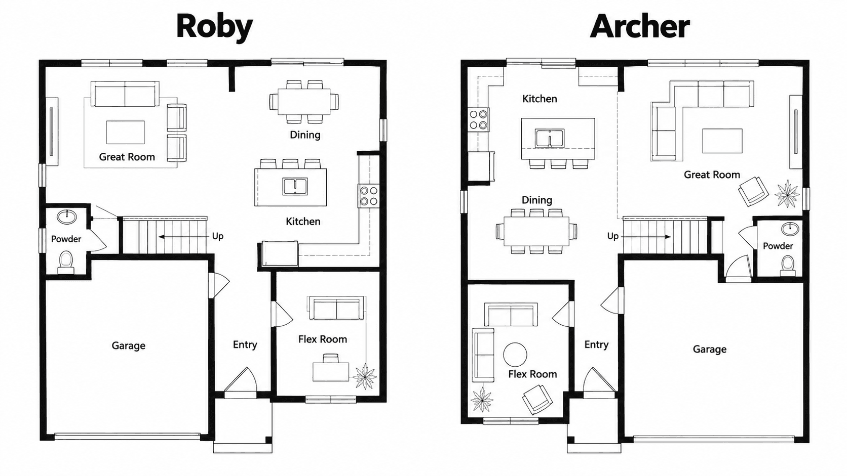 Roby and Archer first floor plans at Palm Cay side by side