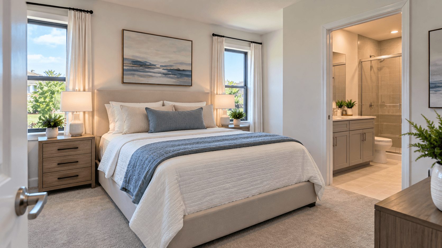 First floor bedroom with a full bath next to it in a Breezewood townhome