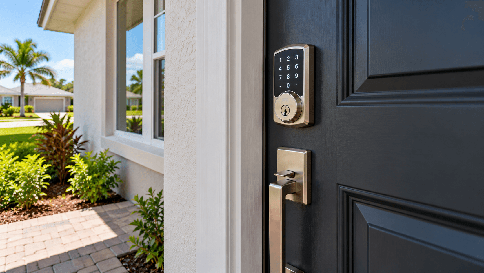 Smart deadbolt on the front door of a Coral Landings model home