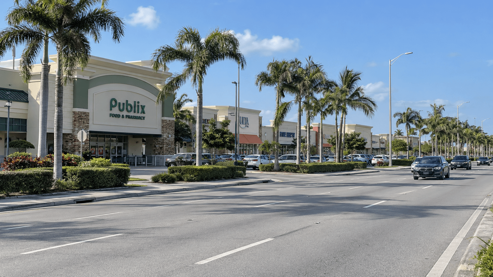 State Road 7 retail corridor with grocery and shopping storefronts