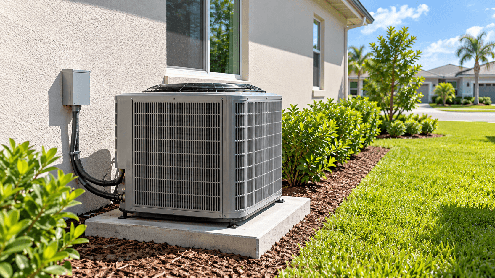 Outdoor air conditioning unit beside a Brystol at Wylder home
