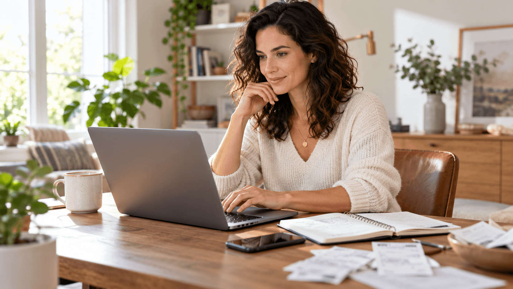 self employed woman working at a laptop at a bright home desk