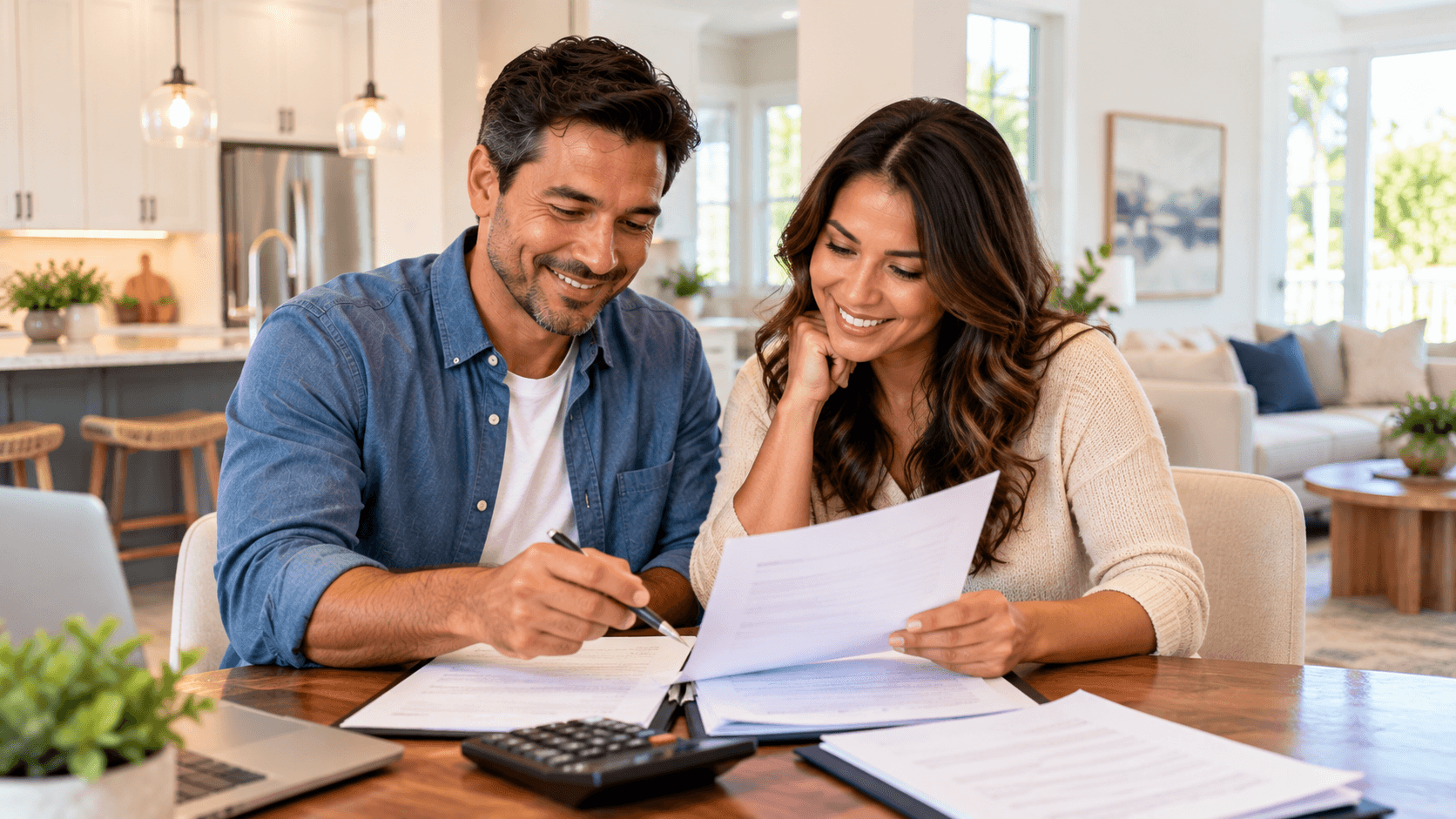 couple reviewing closing papers with calculator at kitchen table