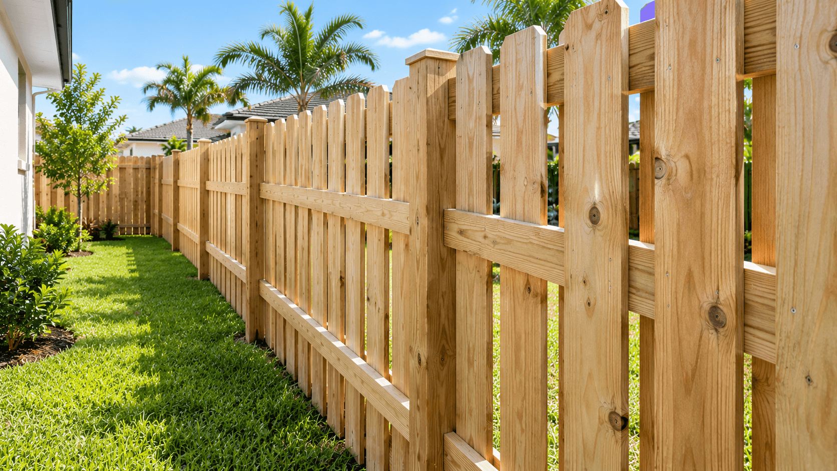 Wood shadow box fence in a Coral Breeze backyard
