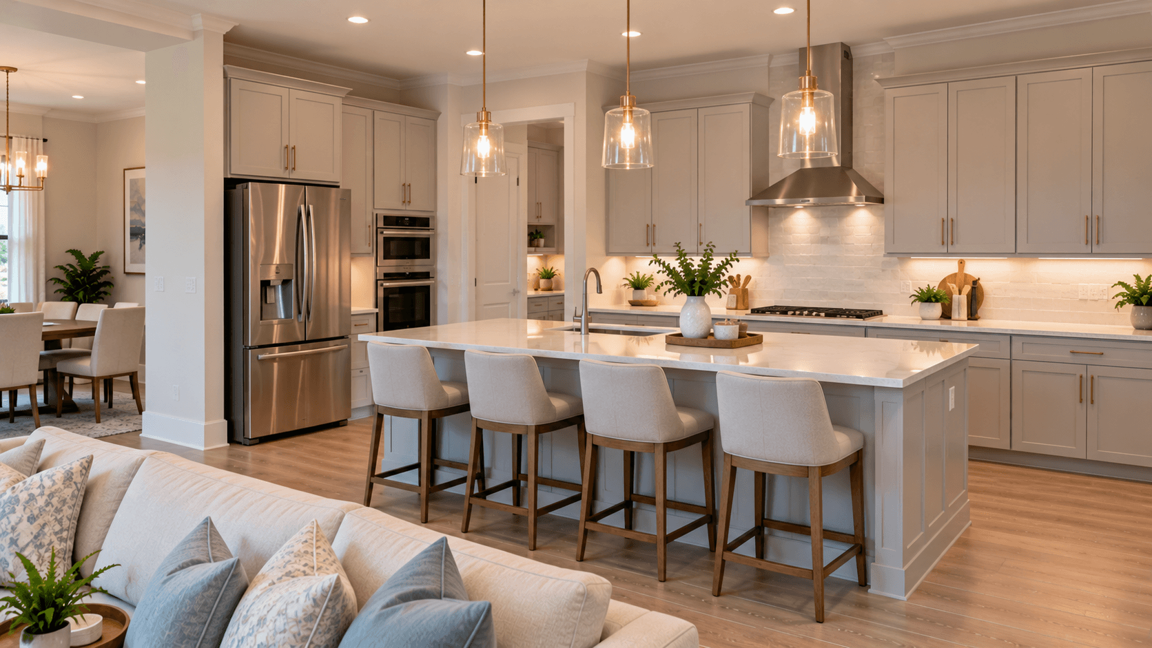 Kitchen island and stainless steel appliances in an Avondale at Avenir home