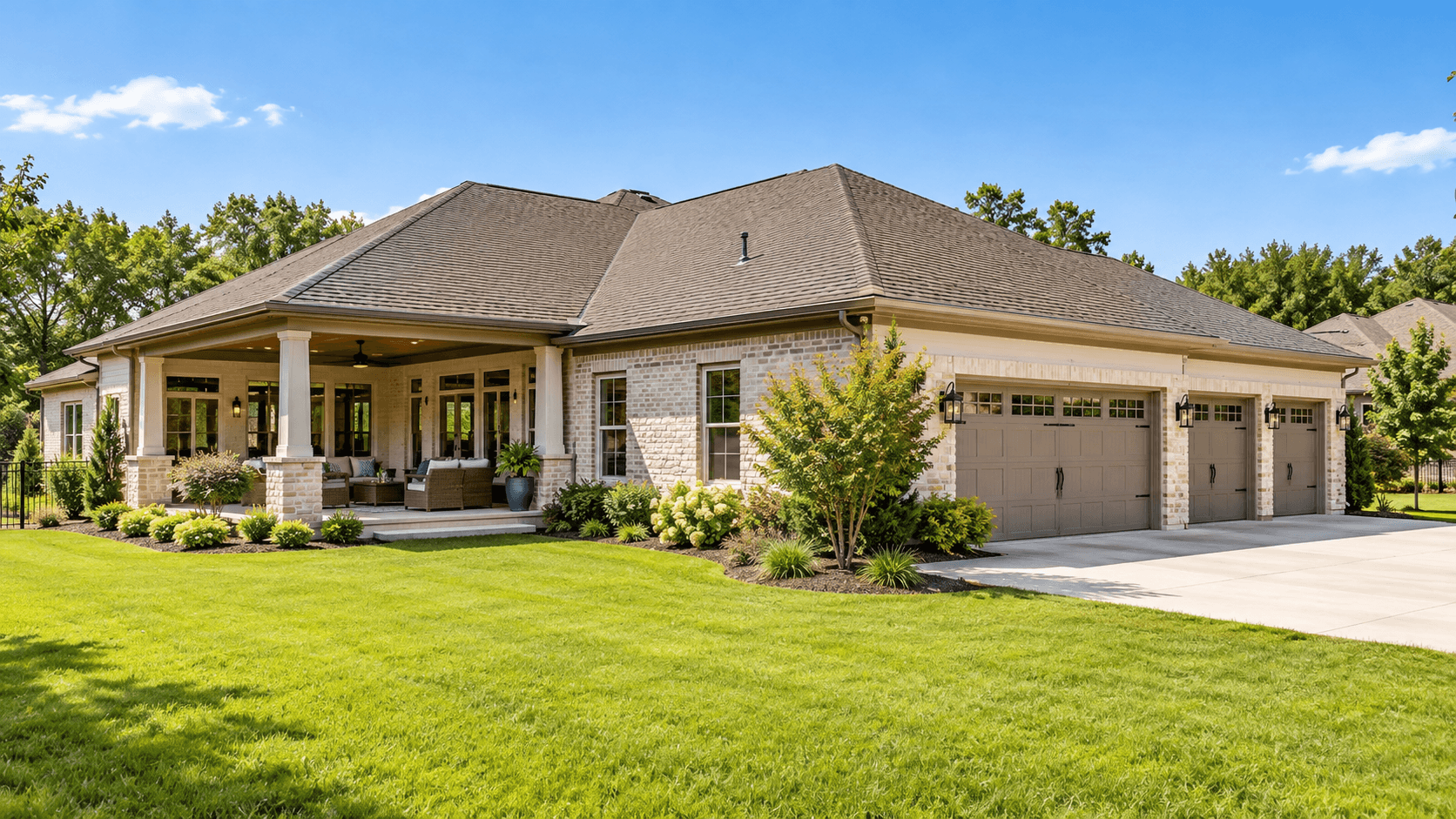 A one-story Florida home with a covered lanai and a three-car garage