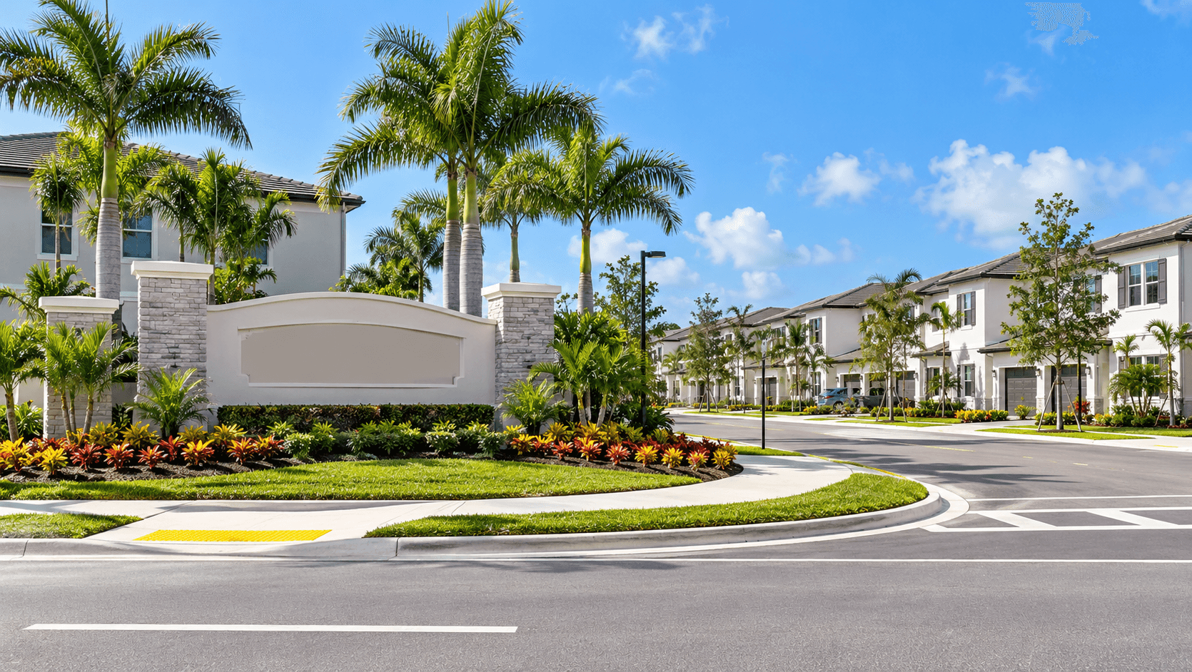 Entrance area of Lennar's Emerald Palms townhomes near SW 240th Street in Miami-Dade