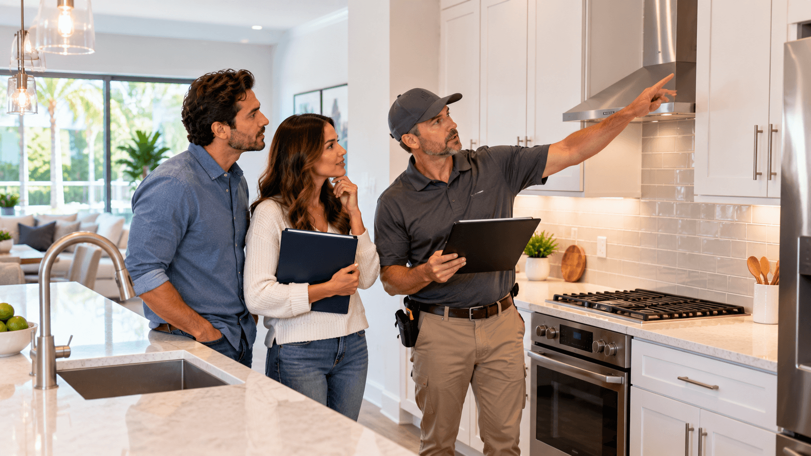 Builder team reviewing a plan beside a new home