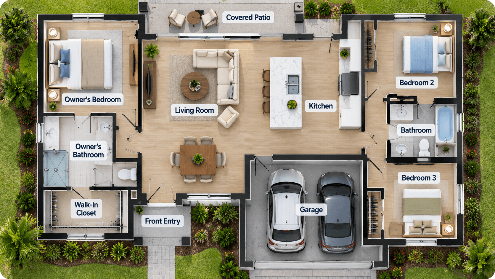 Simple diagram of a split bedroom floor plan with the owner's suite apart from the other bedrooms
