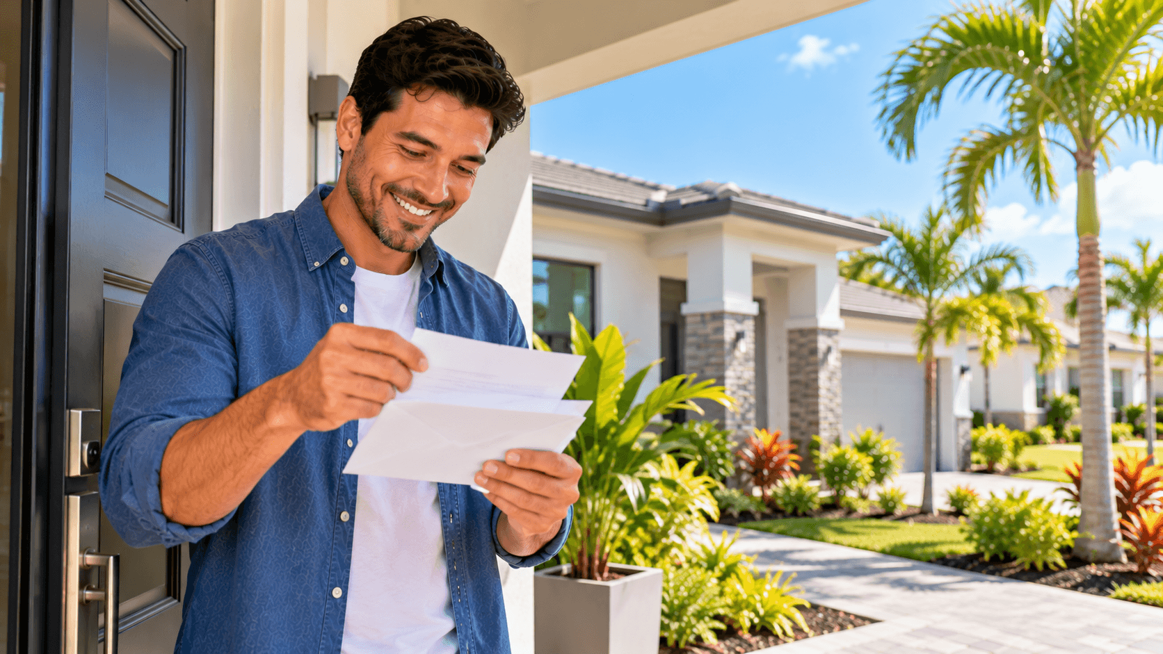 homeowner opening tax letter at new single story home