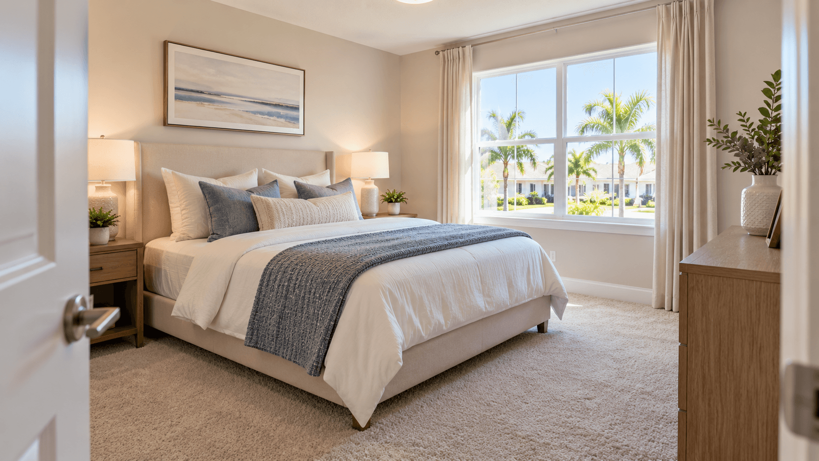 Carpeted upstairs bedroom in a Del Mar townhome