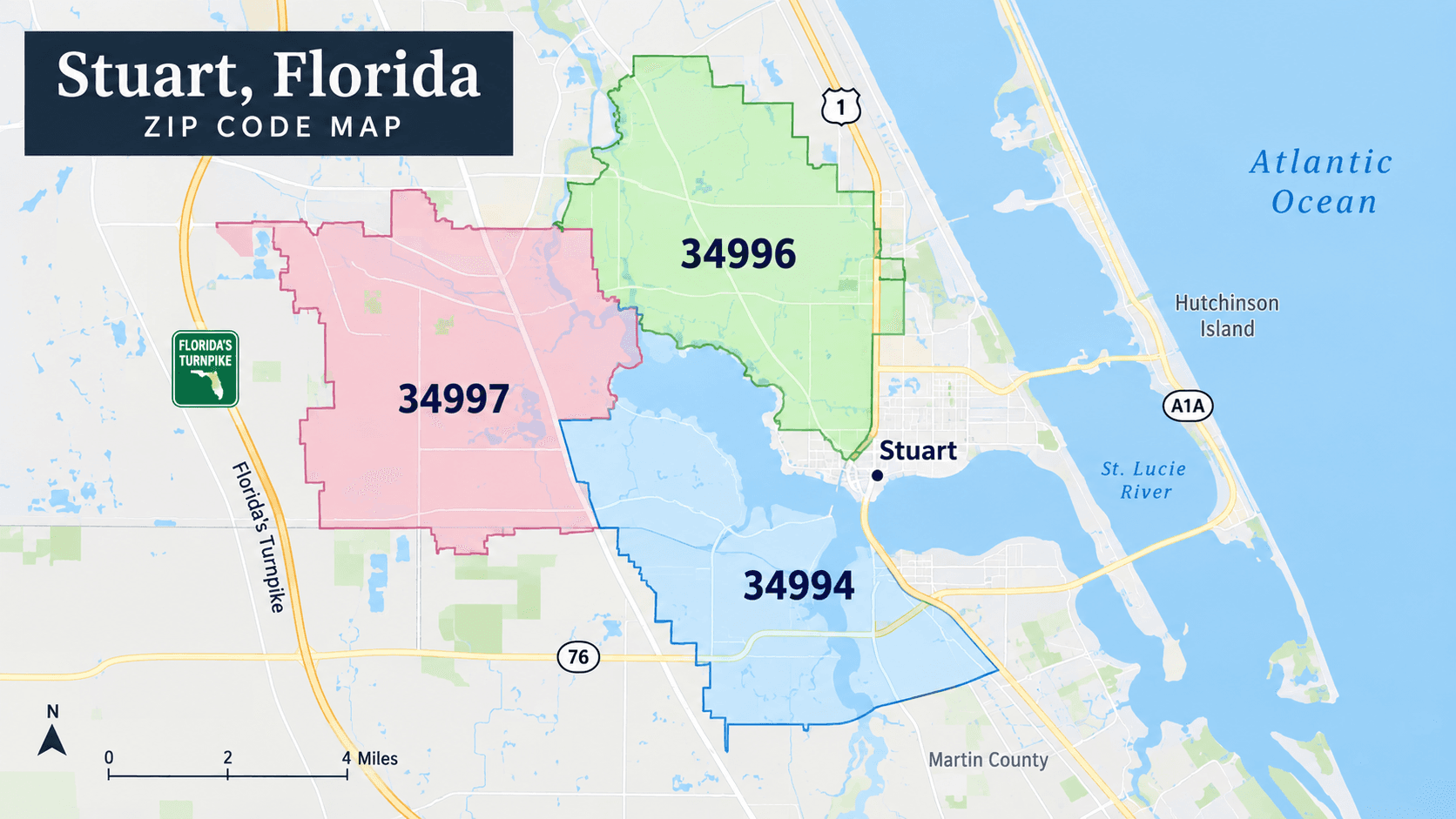 Map of Stuart Florida ZIP codes 34994 34996 and 34997