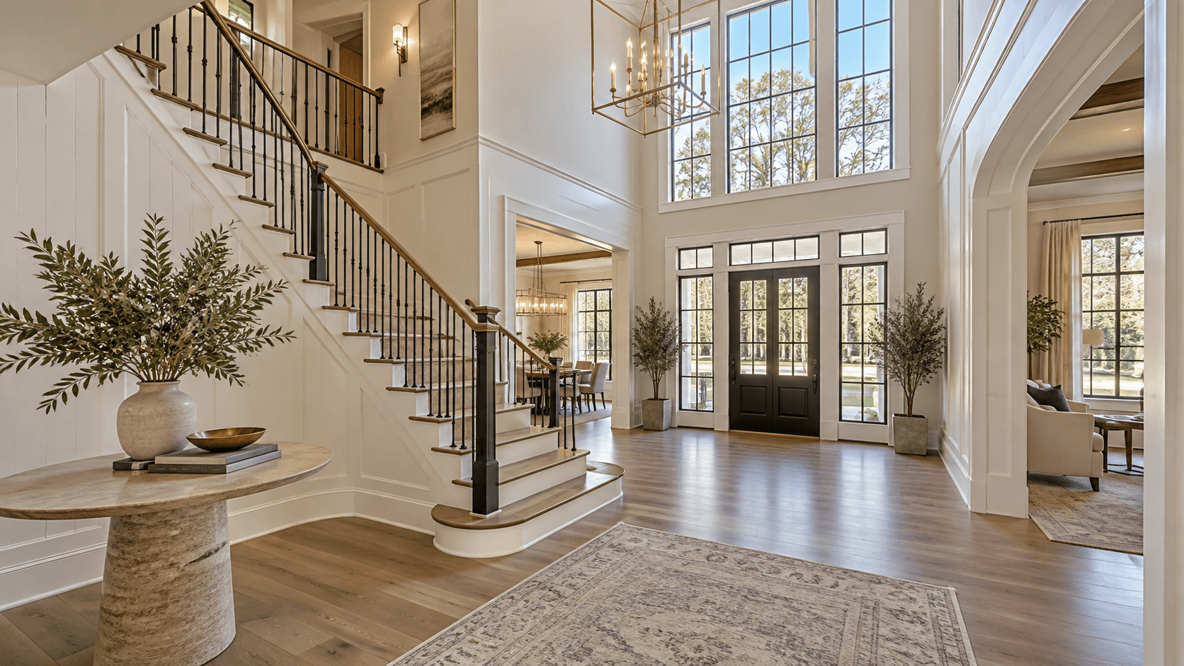 Two-story front hall in a new Florida home with a staircase