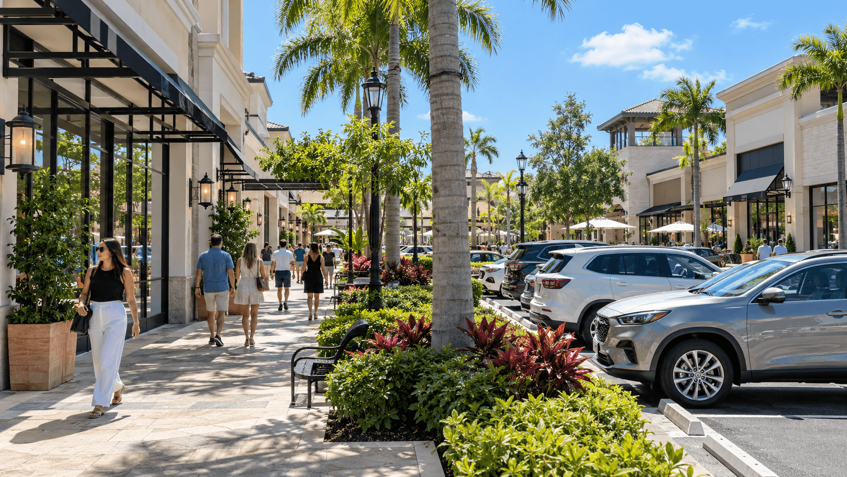 Open-air shopping center walkway with storefronts and shoppers in Tradition, Port St. Lucie